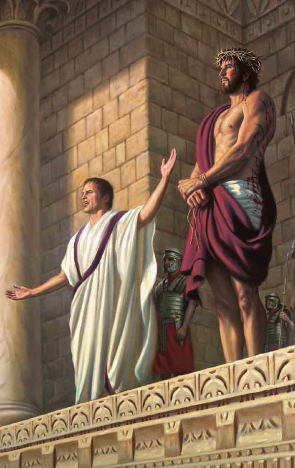 Pôncio Pilatos aponta para Jesus. As mãos de Jesus estão amarradas, e ele está usando um manto púrpura e uma coroa de espinhos.