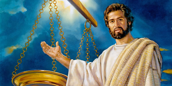 Jesus em pé na frente de uma balança.