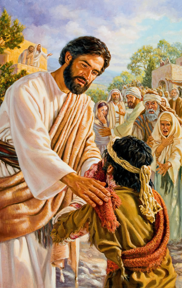 Jesus mostra compaixão a um leproso, tocando nele. As pessoas em volta sentem aversão ao olhar para o leproso.