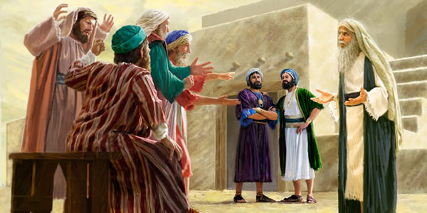 Anciãos conversando com Samuel sobre a conduta errada de seus filhos