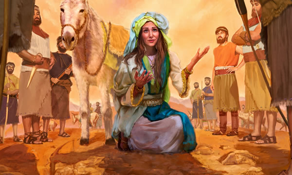 Abigail desce de seu jumento e se curva diante de Davi