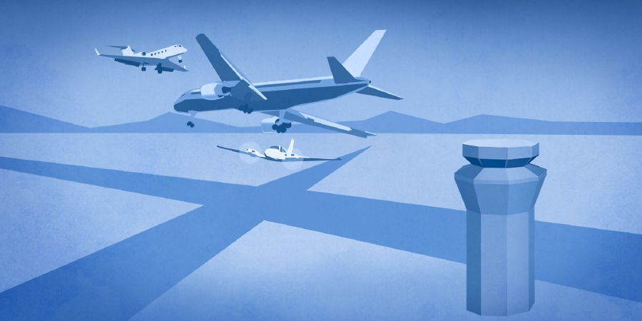 Aviões vindo de várias direções para pousar num aeroporto
