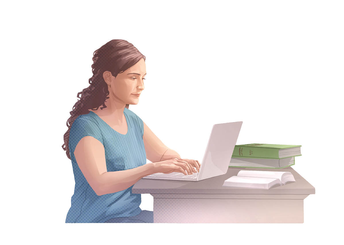A mesma mulher fazendo pesquisa na Bíblia, nas publicações e no computador.