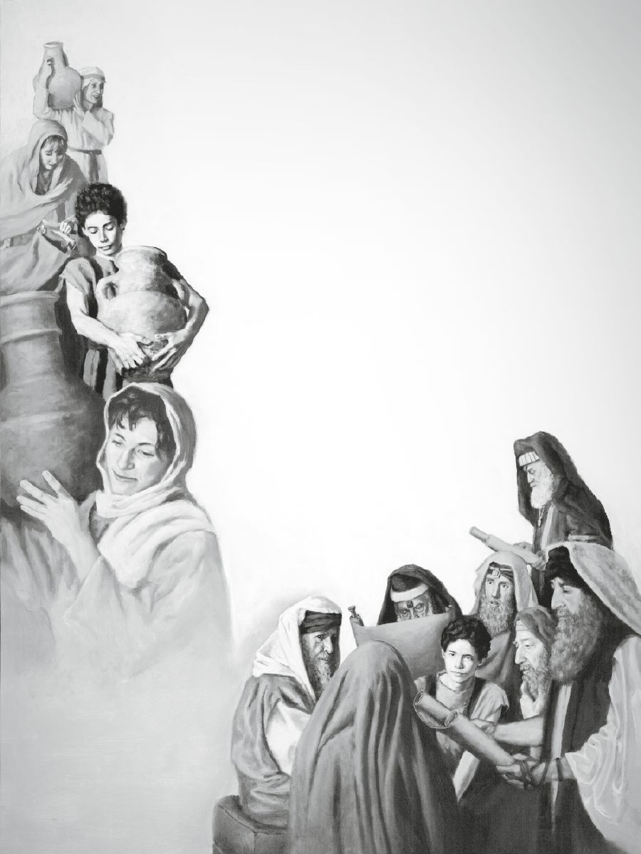 Jesus quando criança ajuda a carregar água de um poço e faz perguntas a homens no templo