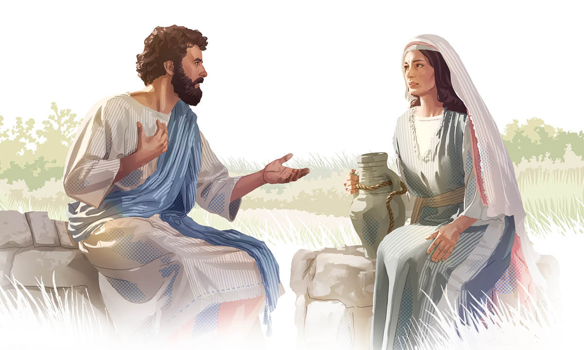 Jesus demonstrando respeito ao conversar com uma mulher sentada em um poço.