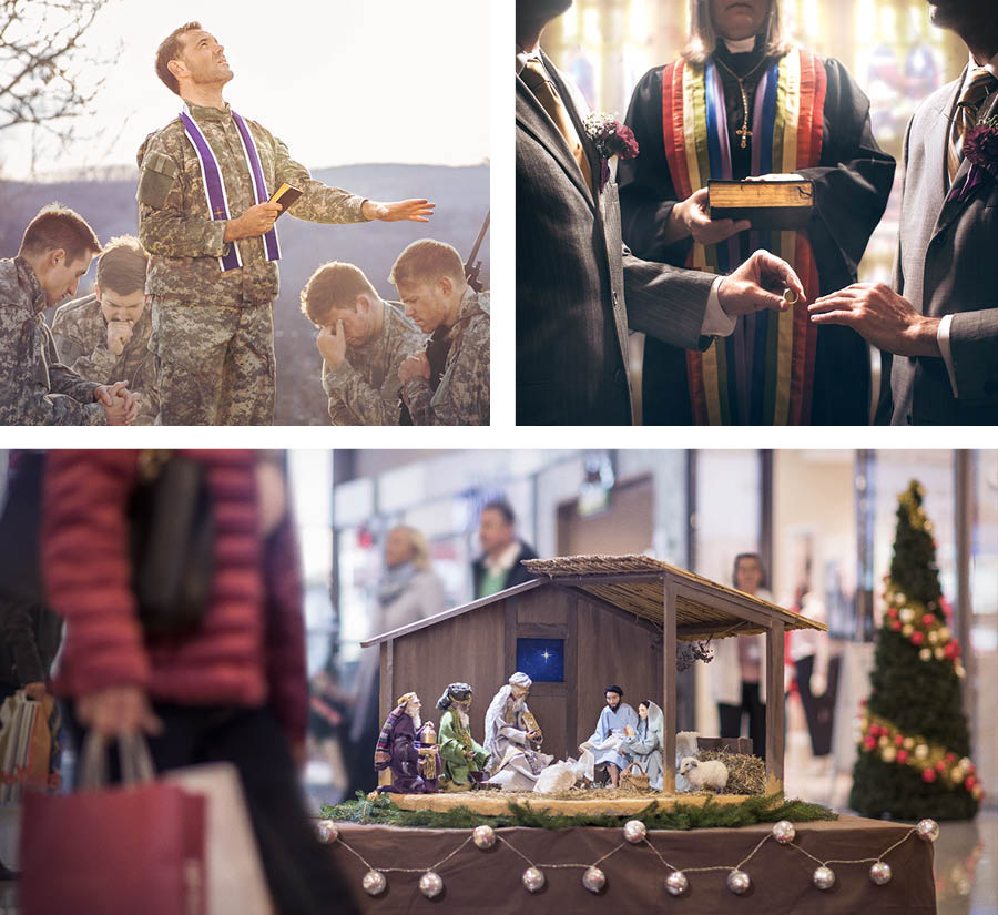 Conjunto de imagens: Fotos que mostram a impureza do mundo. 1. Um sacerdote abençoando soldados numa guerra. 2. Uma pastora realizando um casamento entre dois homens. 3. Um presépio e uma árvore de Natal no corredor de um shopping cheio de gente.