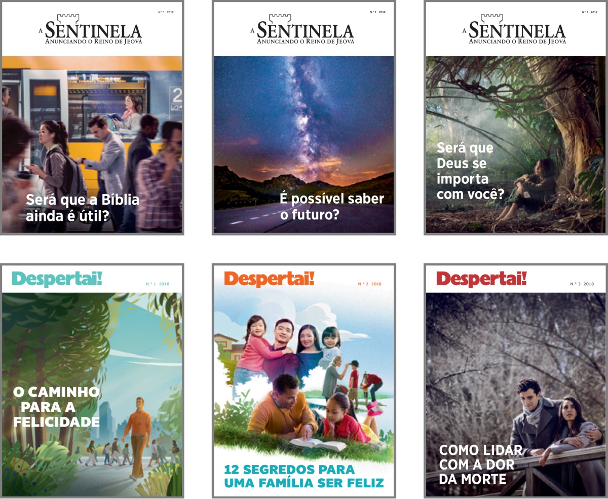 Conjunto de imagens: Matérias de capa das revistas ‘A Sentinela’ e ‘Despertai!’ em 2018. 1. ‘Será que a Bíblia ainda é útil?’ 2. ‘É possível saber o futuro?’ 3. ‘Será que Deus se importa com você?’ 4. ‘O caminho para a felicidade’ 5. ‘12 Segredos para uma família ser feliz’ 6. ‘Como lidar com a dor da morte’