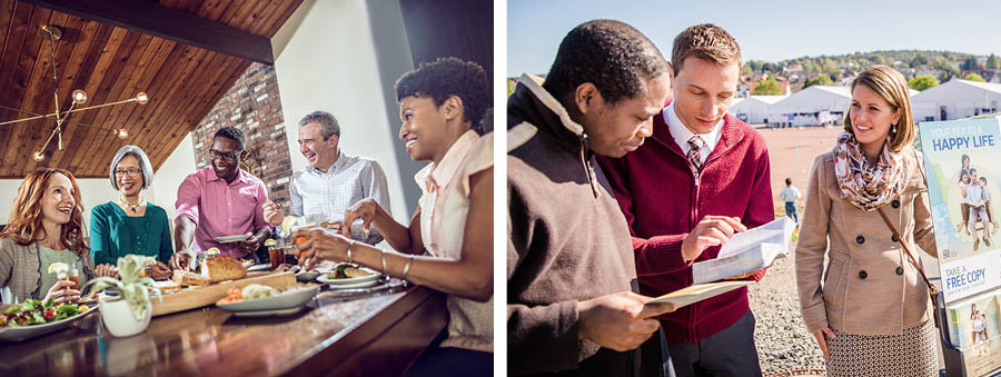 Conjunto de imagens: Maneiras de mostrar imparcialidade. 1. Cinco amigos de idades e raças diferentes comendo e rindo juntos. 2. Um casal pregando para um homem de outra cultura perto de um campo de refugiados.