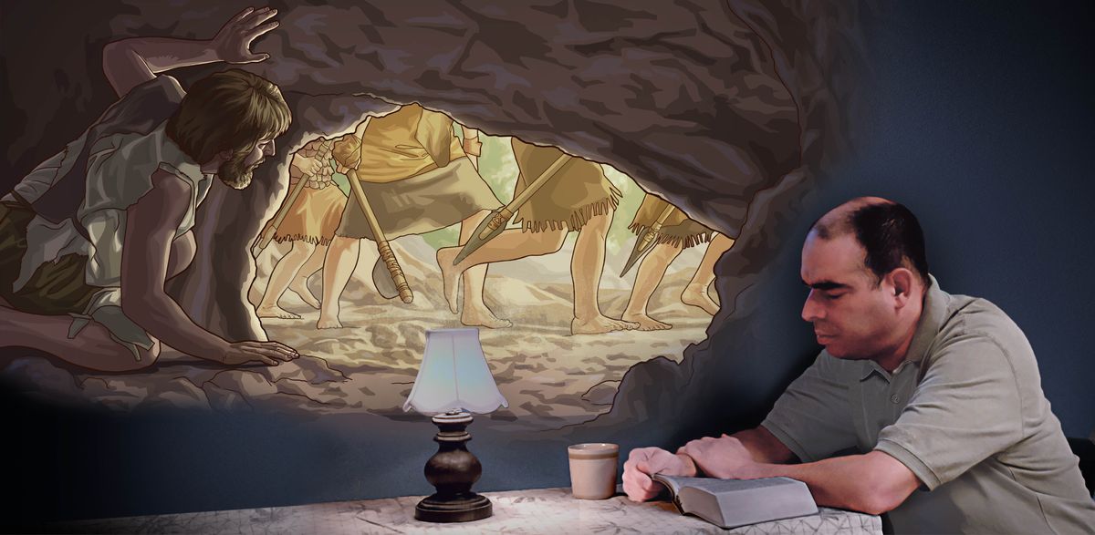 O pai do vídeo “Imite os Fiéis, não os Infiéis — Imite Enoque, não Lameque” medita no que ele está lendo na Bíblia. Ele imagina Enoque se escondendo numa caverna enquanto homens com lanças procuram por ele.