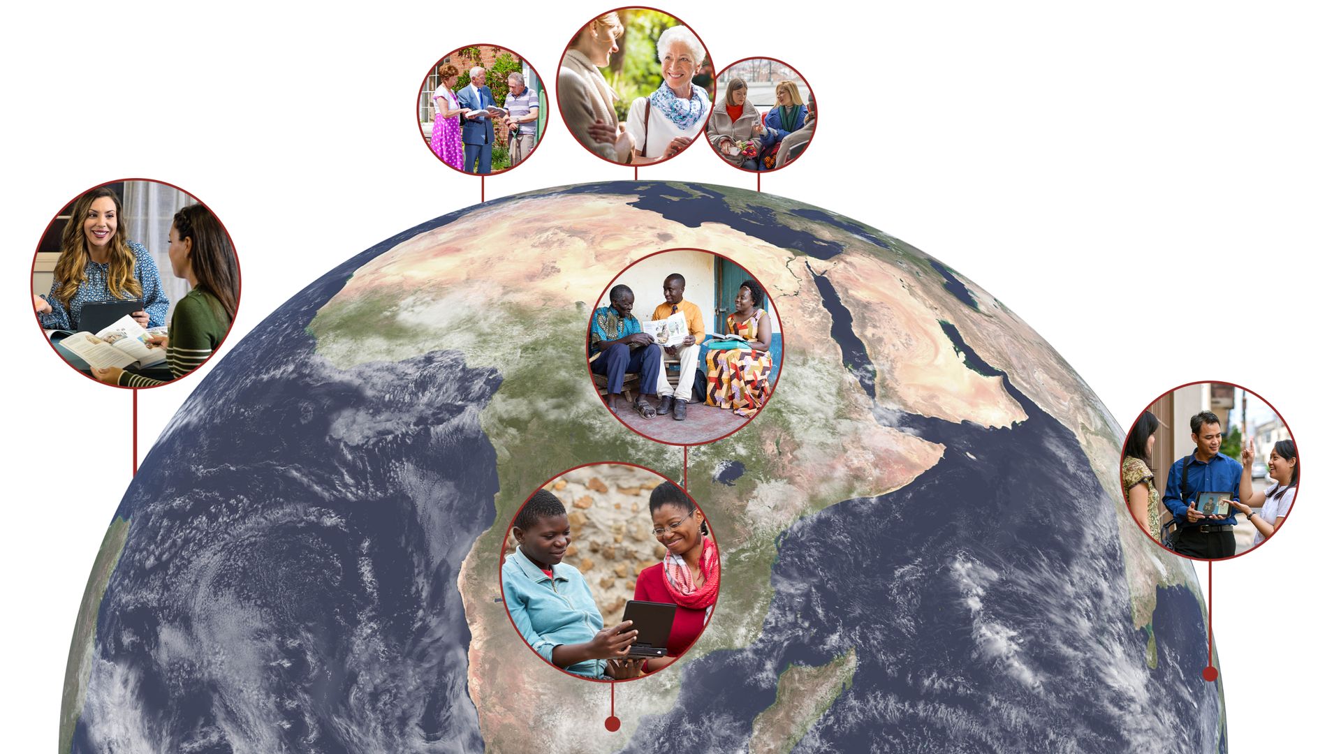 Conjunto de imagens: Irmãos e irmãs de todo o mundo participam na pregação. 1. Uma irmã dirige um estudo da Bíblia para uma mulher usando o livro “Seja Feliz para Sempre!”. 2. Um casal lê a Bíblia para um homem na pregação de casa em casa. 3. Uma irmã prega para uma mulher. 4. Uma irmã no ônibus entrega um cartão do site jw.org para uma mulher sentada ao lado dela. 5. Um casal dirige um estudo da Bíblia para um homem usando a brochura “Seja Feliz para Sempre!”. 6. Uma irmã mostra um vídeo para uma mulher. 7. Um casal prega para uma mulher usando língua de sinais e um vídeo.