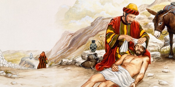 O bom samaritano cuida das feridas do judeu que foi espancado