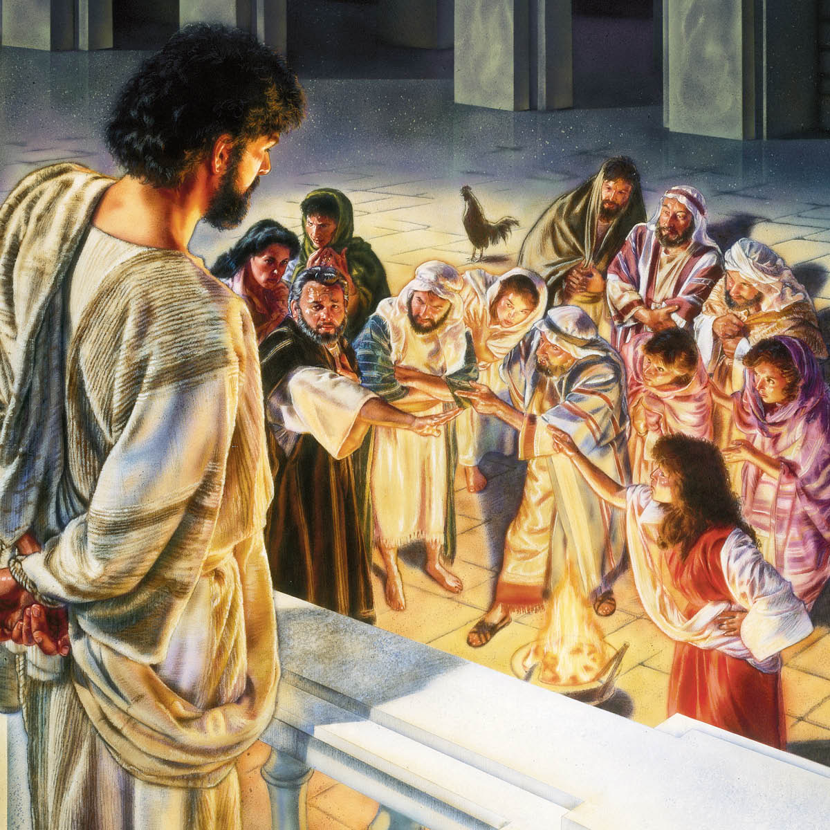 Jesus numa sacada olha para o pátio e vê Pedro negando que o conhece.