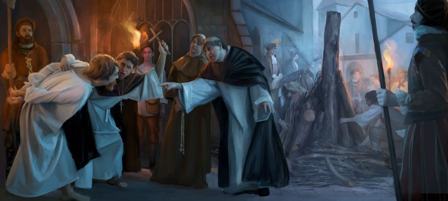 Membros do clero se preparando para queimar um cristão verdadeiro na estaca durante as centenas de anos de escuridão espiritual dominados pela cristandade