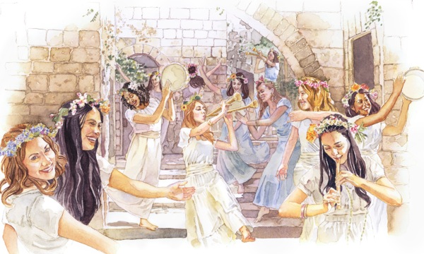 As companheiras virgens da noiva se alegrando