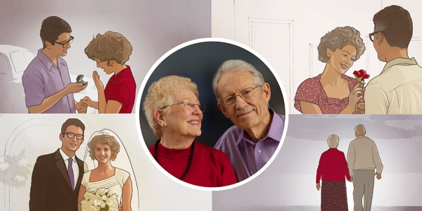 1. Um feliz casal de idosos; 2. O mesmo casal no dia de seu noivado, em seu casamento, numa ocasião especial e caminhando juntos já idosos