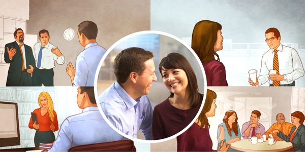 1. Um casal feliz rindo; 2. O mesmo casal enfrentando tentações no local de trabalho e evitando associação desnecessária com colegas de trabalho que não Testemunhas de Jeová