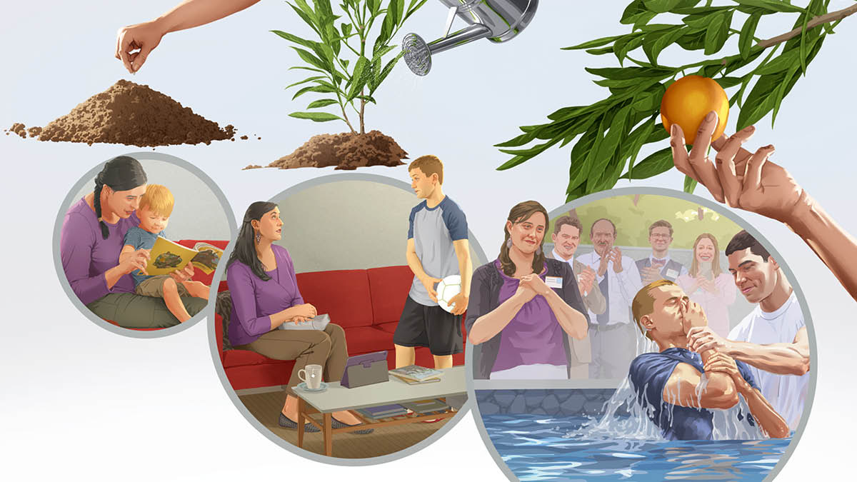 Conjunto de imagens: O crescimento de uma planta é comparado ao crescimento espiritual de uma criança. 1. Uma semente sendo plantada. Uma imagem mostra uma mãe lendo para seu filhinho o livro “Aprenda com as Histórias da Bíblia”. 2. Uma planta sendo regada. Uma imagem mostrando o filho, agora pré-adolescente, segurando uma bola enquanto sua mãe já está pronta para dirigir o estudo dele. 3. Alguém recolhendo uma fruta de uma árvore. Uma imagem mostrando o filho, agora adolescente, se batizando, enquanto sua mãe olha com orgulho e alegria.