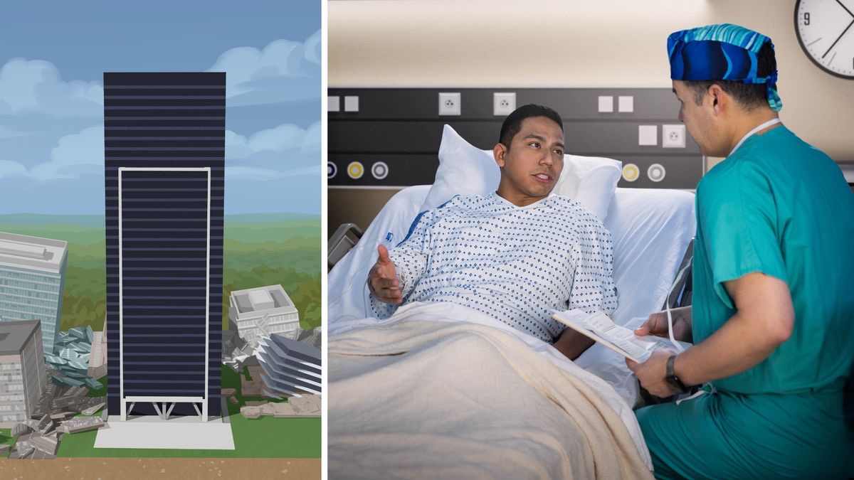 Conjunto de imagens: 1. O prédio alto da imagem anterior continua de pé enquanto outros prédios ao redor caem depois de um desastre natural. 2. O irmão da imagem anterior está sentado numa cama de hospital conversando com um médico bem tarde da noite.