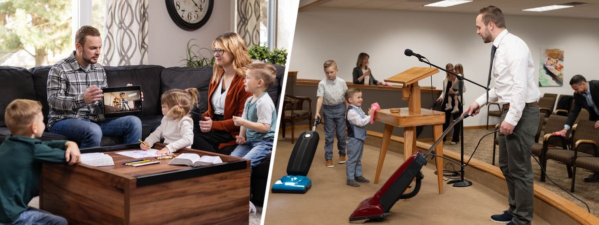 Conjunto de imagens: 1. Um pai faz a adoração em família com sua esposa e seus filhos pequenos. Eles assistem ao vídeo “Torne-se Amigo de Jeová — Cuide da Casa de Jeová” no jw.org. 2. Mais tarde, o pai e seus dois filhos ajudam a limpar o Salão do Reino. O pai e um dos filhos passam o aspirador de pó enquanto o outro filho tira o pó dos móveis.