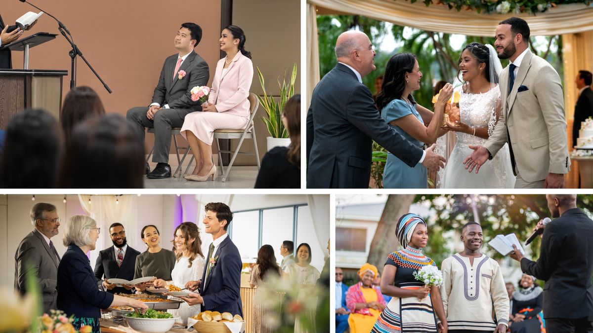 Conjunto de imagens: Irmãos e irmãs felizes em casamentos cristãos ao redor do mundo. 1. Uma noiva e um noivo sentados diante do orador do discurso de casamento em um Salão do Reino. 2. Um casal dando os parabéns aos noivos em uma festa de casamento ao ar livre. 3. Uma noiva e um noivo junto com seus convidados se servindo num balcão de comida. 4. Uma noiva e um noivo em frente ao orador do discurso de casamento em uma cerimônia ao ar livre.