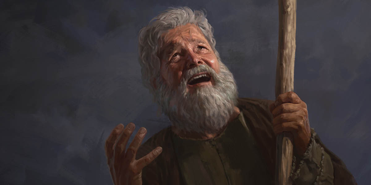 Bastante aflito, o profeta Moisés olha para o céu e ora a Deus.