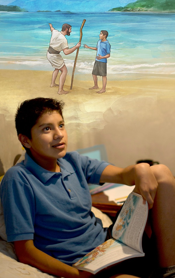 Um menino lê uma história da Bíblia e se imagina conversando com um servo fiel de Jeová no Paraíso