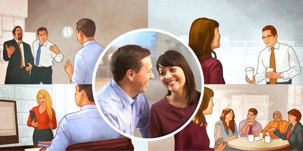 1. Um casal feliz rindo; 2. O mesmo casal enfrentando tentações no trabalho e evitando passar tempo com colegas que não são Testemunhas de Jeová