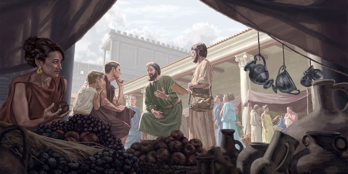 Cristãos no tempo dos apóstolos pregando numa feira