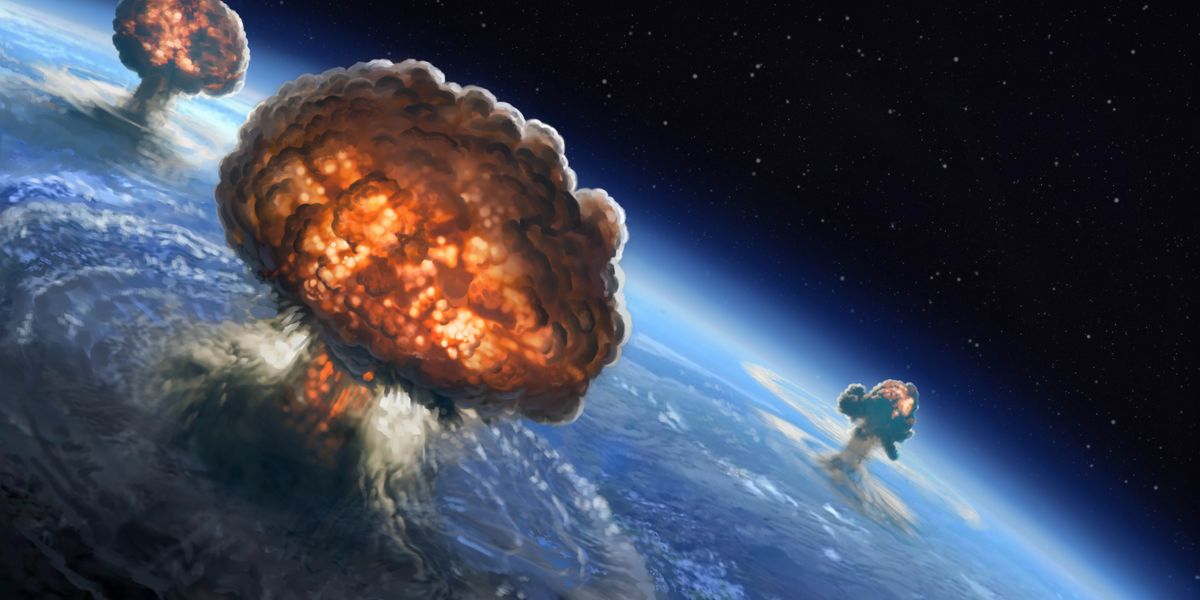 Imágenes de un hombre viendo al futuro con confianza. 1. Detrás de él se ven escenas de guerra: un avión militar, misiles nucleares y una explosión nuclear. 2. Delante de él hay una Tierra limpia y pacífica con pájaros, montañas, verdes valles y un río.