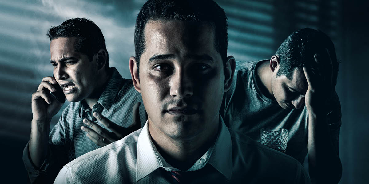 Tres imágenes: 1. Un hombre con cara de ansiedad. 2. El mismo hombre de mal humor hablando por teléfono. 3. Ese mismo hombre con una copa en una mano y apoyando la cabeza en la otra mano.