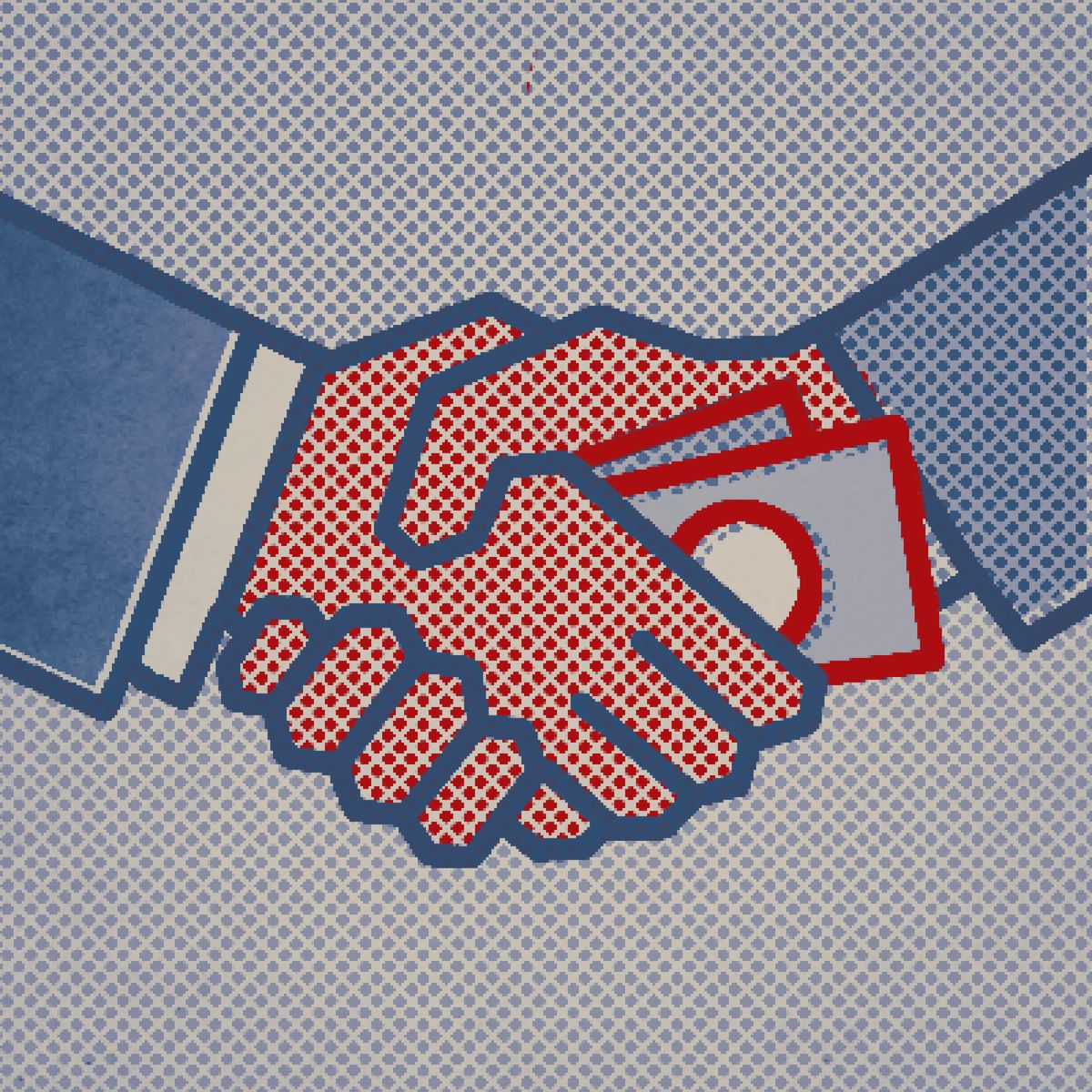 Dibujo: Dos ejecutivos dándose la mano y pasándose dinero.