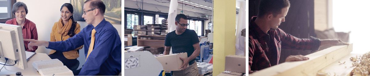 Tres hermanos trabajando en un proyecto con la computadora. Un hermano metiendo publicaciones en cajas. Un hermano haciendo trabajos de carpintería