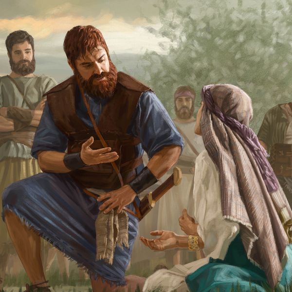 El rey David escucha con atención a Abigaíl, quien está sentada en el suelo pidiéndole que siga su consejo. Los hombres de David están detrás de él y los observan a los dos.