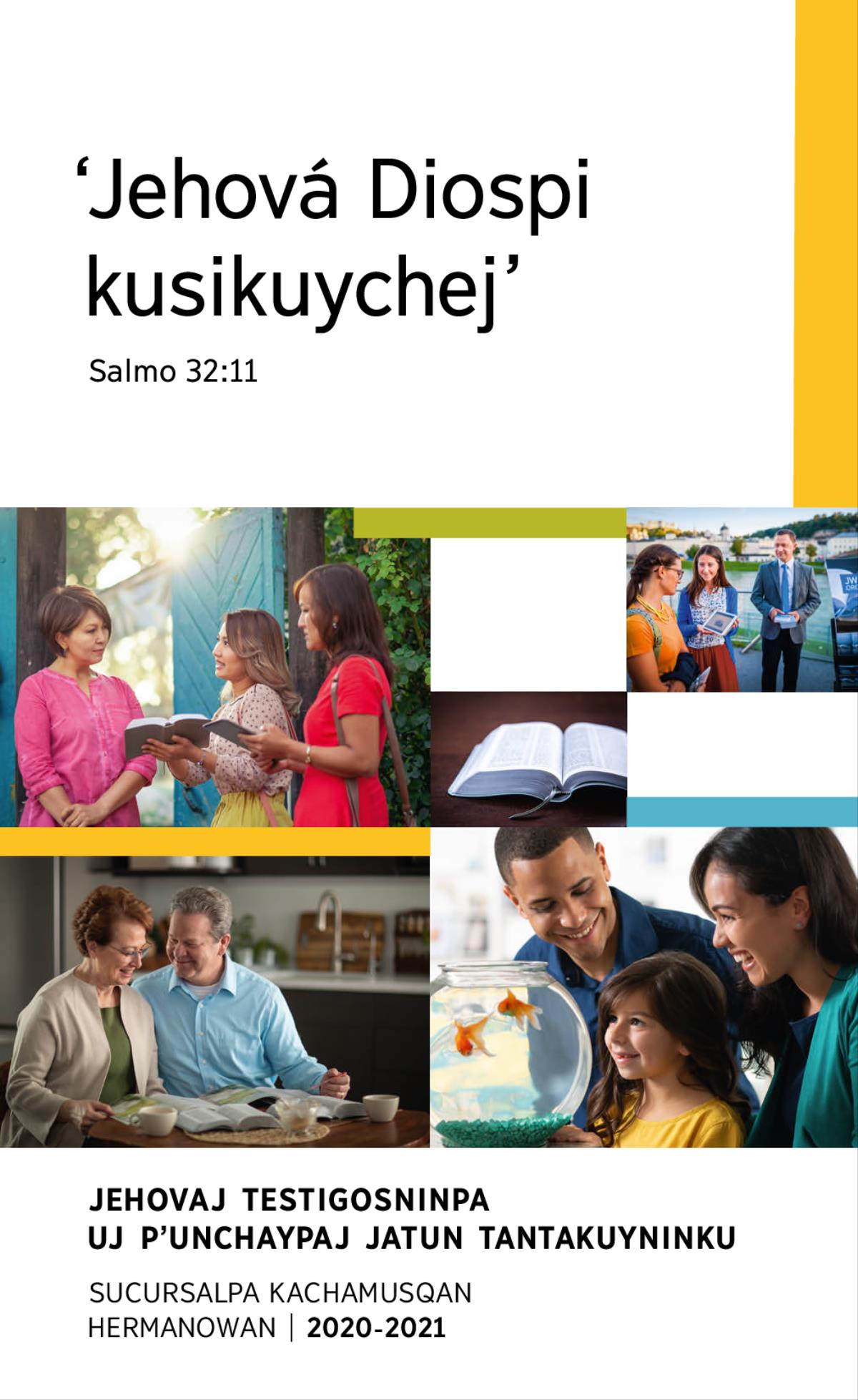 Fotos: 1. Uj familia pescaditosta may kusisqa qhawarishanku. 2. Iskay hermanas uj warmiman wasinpi Bibliamanta leeripushanku. 3. Uj qhariwarmi publicacioneswan yanapachikuspa Bibliata estudiashanku. 4. Kichasqa Biblia. 5. Uj qhariwarmi callepi uj señoraman Bibliamanta uj videota rikuchishanku.
