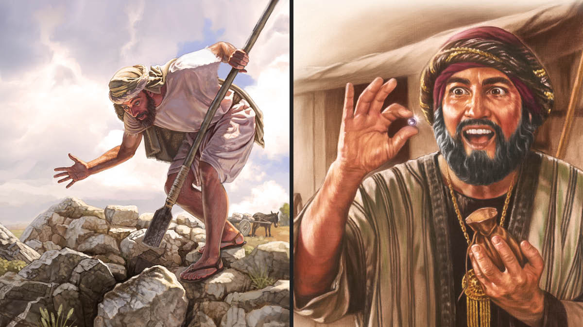 Jesuspa kikinchayninmanta dibujos: 1) Uj runa kusisqa kashan campopi allashaspa imatachus tarisqanmanta. 2) Waj runataj uj perlata makinpi japʼispa kusisqa asirishan.