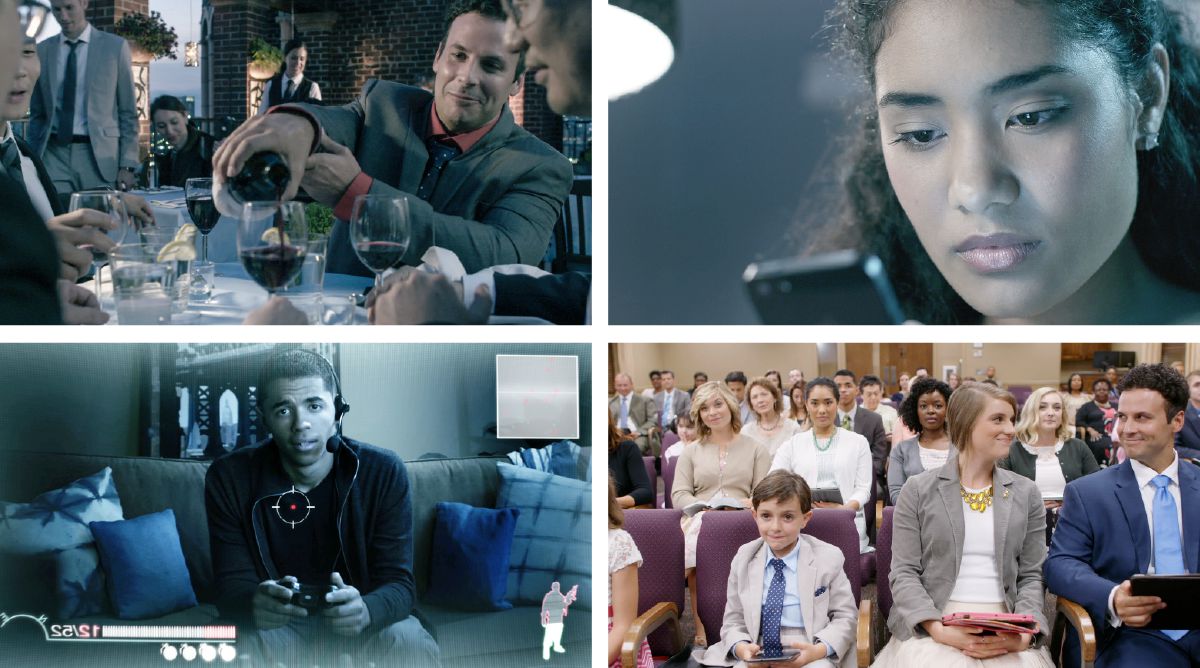 Jhon uj restaurantepi kusisqa vinota sirvishan; Cristina redes sociales nisqata qhawashan; Jayden video juegoswan pujllashan; John familianwan, Cristina, Jayden ima reunionpi kashanku