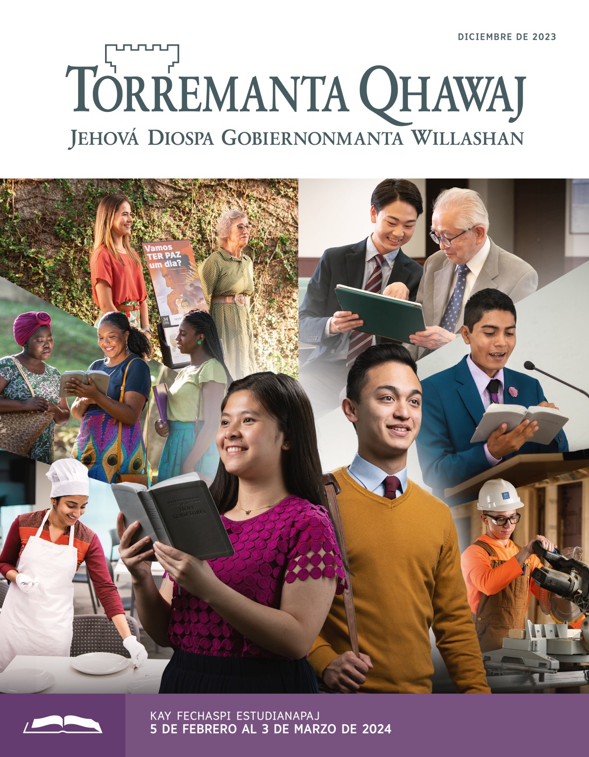 Sipasitas, joven hermanitos ima wiñay tukusqa cristianosman tukunankupaj kallpachakuspa kusisqas kashanku. Uj sipas hermanita Bibliata japʼispa tʼukurishan, uj hermanotaj predicaj rishan. Fotos: Wiñay tukusqa sipaskuna, jóvenes ima may kusisqas Diospaj ruwanasta ruwashanku. 1) Uj sipas hermanita Betelpi mesaman platosta churashan. 2) Iskay hermanas uj textota uj señoraman predicacionpi leeripushan. 3) Uj hermanataj, uj kuraj hermanitawan khuska carritowan predicashanku. 4) Waj hermanotaj uj kuraj hermanota tabletanta apaykachayta yachachishan. 5) Waj hermanotaj tantakuypi plataformamanta Bibliata leeshan. 6) Waj hermanotaj construccionpi cierrawan trabajashan.