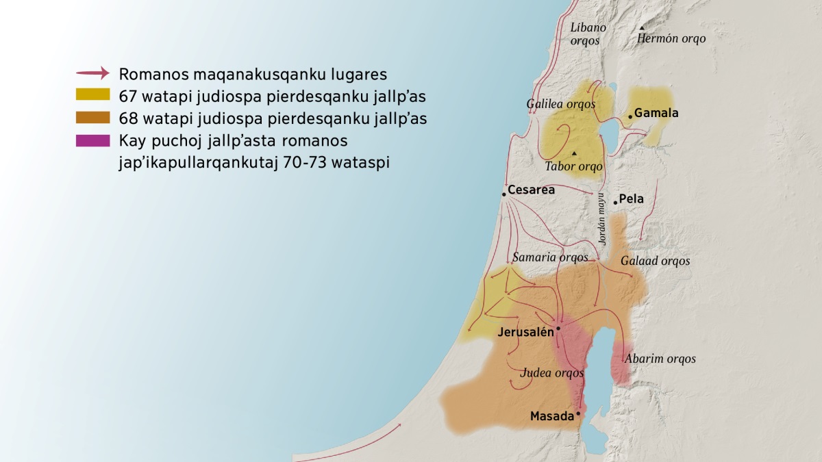 Mapapi rikuchishan ñaupa cristianospa tiemponkupi Israelmanta wakin orqosta, llajtasta ima. Jerusalenpa norte ladonpi kashan Líbano orqos, Galilea orqos, Samaria orqos, Galaad orqos, Hermón orqo, Tabor orqo, Gamala llajta, Cesarea llajta, Pela llajta ima. Jerusalenpa sur ladonpitaj kashan Judea orqos, Abarim orqos, Masada llajta ima. Mapapi rikuchishallantaj maynintachus romano soldados maqanakoj risqankuta, chantá judíos 67 al 73 wataspi pierdesqanku jallpʼastapis.