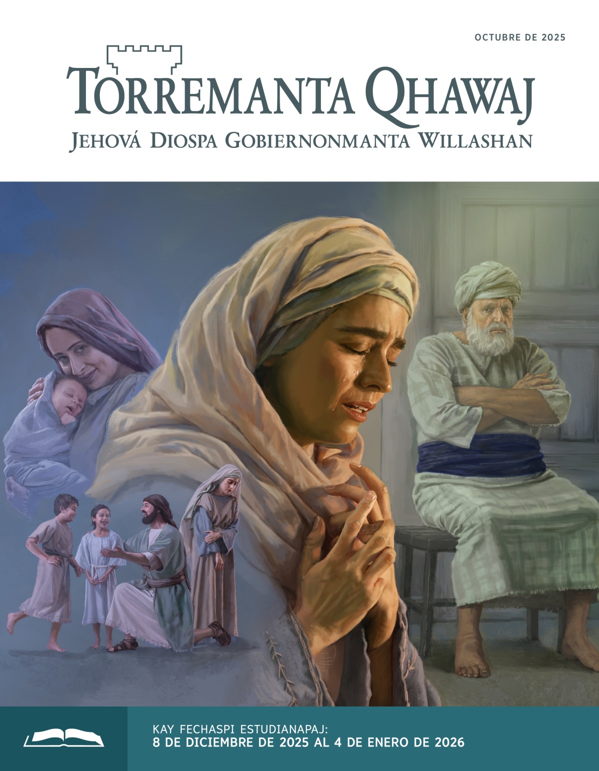 Dibujo: 1) Elcanaqa iskay wawasninwan pujllarishan, Anataj mana rikuyta munaspa llakisqa waj ladota qhawashan. 2) Peninaqa recién nacesqa wawanta kusisqa japʼirishan. 3) Anaqa waqarikuspa tukuy sonqo orakushan. 4) Kuraj kaj sacerdote Eliqa makisninta cruzaykuspa chukushan, Anatataj qhawashan.