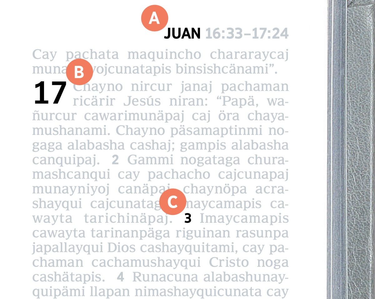 Bibliapa juc paginapita etiquetacuna, A, B y C nishgan.