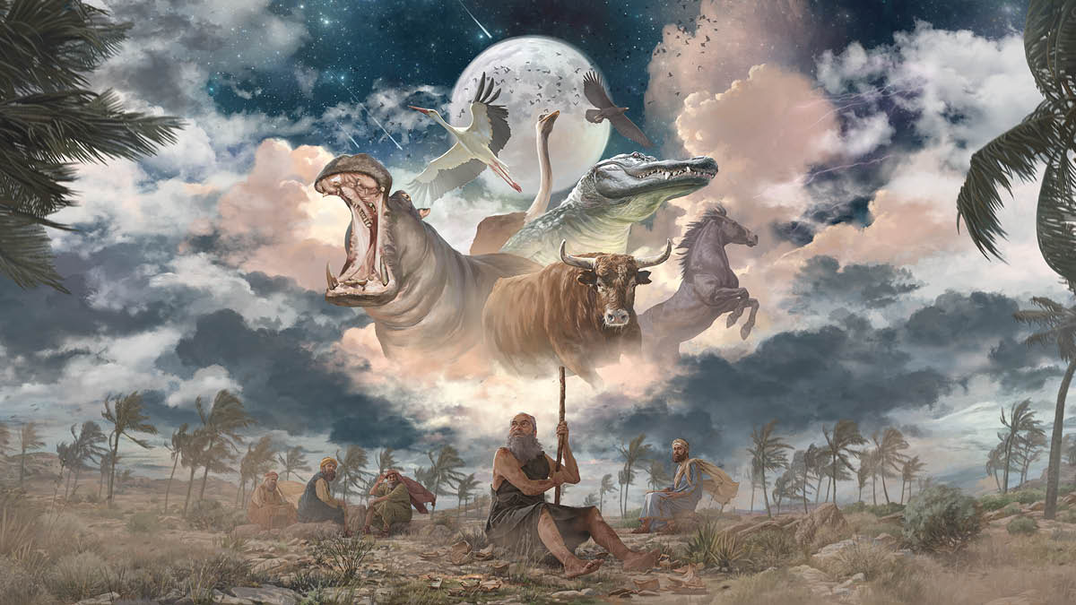 Job yarpachacuycan Jehová camashgan almiraypaj uywacunaman: hipopotamuman, cigüeñaman, avestruzman, cocodriluman, ancaman, cawalluman y monti toruman. Loco wayrapis pücaycan. Jobpa laduncho jamaraycan Elihú y quimsa amigun tucojcuna.