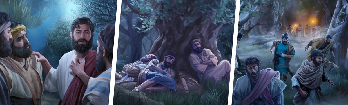 Dibujucunacho caycan, pagascho Jesús apostulnincunawan Getsemaní jardincho. 1. Jesús apostulnincunawan parlaycan. 2. Apostulcuna punurcaycan. 3. Soldaducuna Jesusta apacuptin, apostulcuna gueshpir aywacärin.