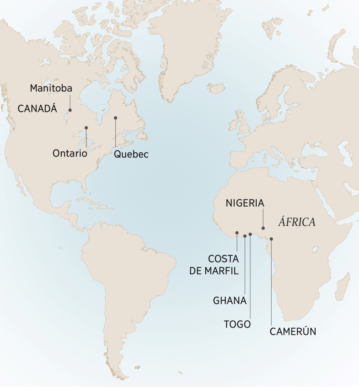 Juc mapacho ricacämun may sitiucunacho Andre cawashganta y sirvishganta: Manitoba, Ontario y Quebec (Canadá); Camerún, Costa de Marfil, Ghana, Nigeria y Togo (África).