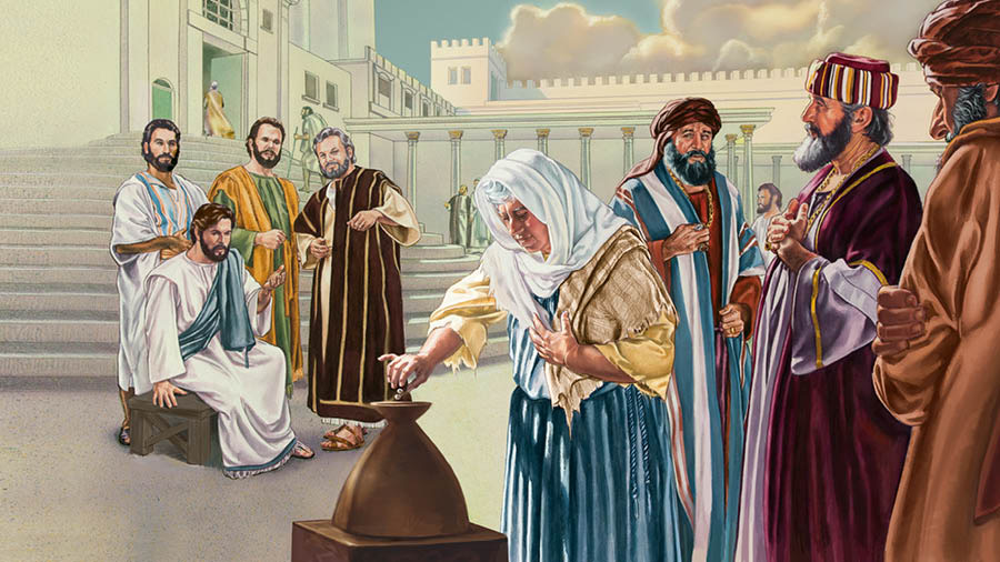 Ri Jesús y ri apóstoles tajin kkil jun ixoq che tajin kuya kebʼ alaj taq pwaq pa ri kaxon che kʼo pa ri templo.