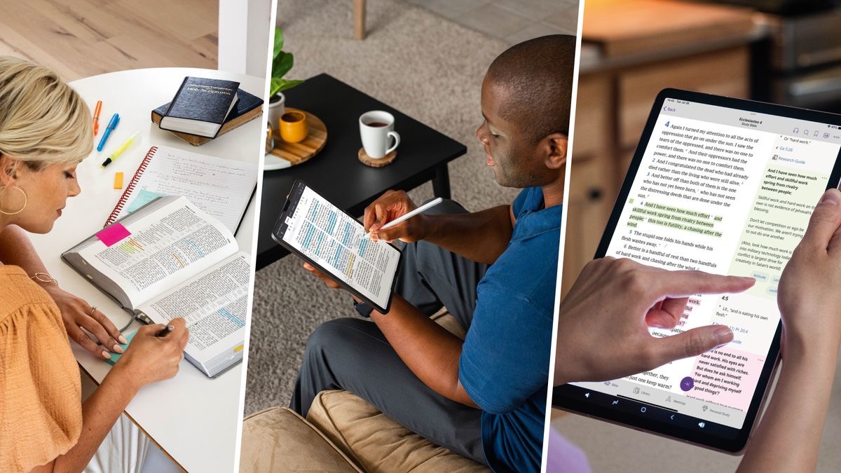 Fötukuna: 1. Juk panim yachakunqanta qellqëkan Bibliaman laqanampaq. 2. Juk wawqim tabletchö yachakuykan. Wakin palabrakunatam señalan y apuntan. 3. Juk panim JW Librarychö Bibliata leyikan, y wakin palabrakunatam señalan y apuntan.