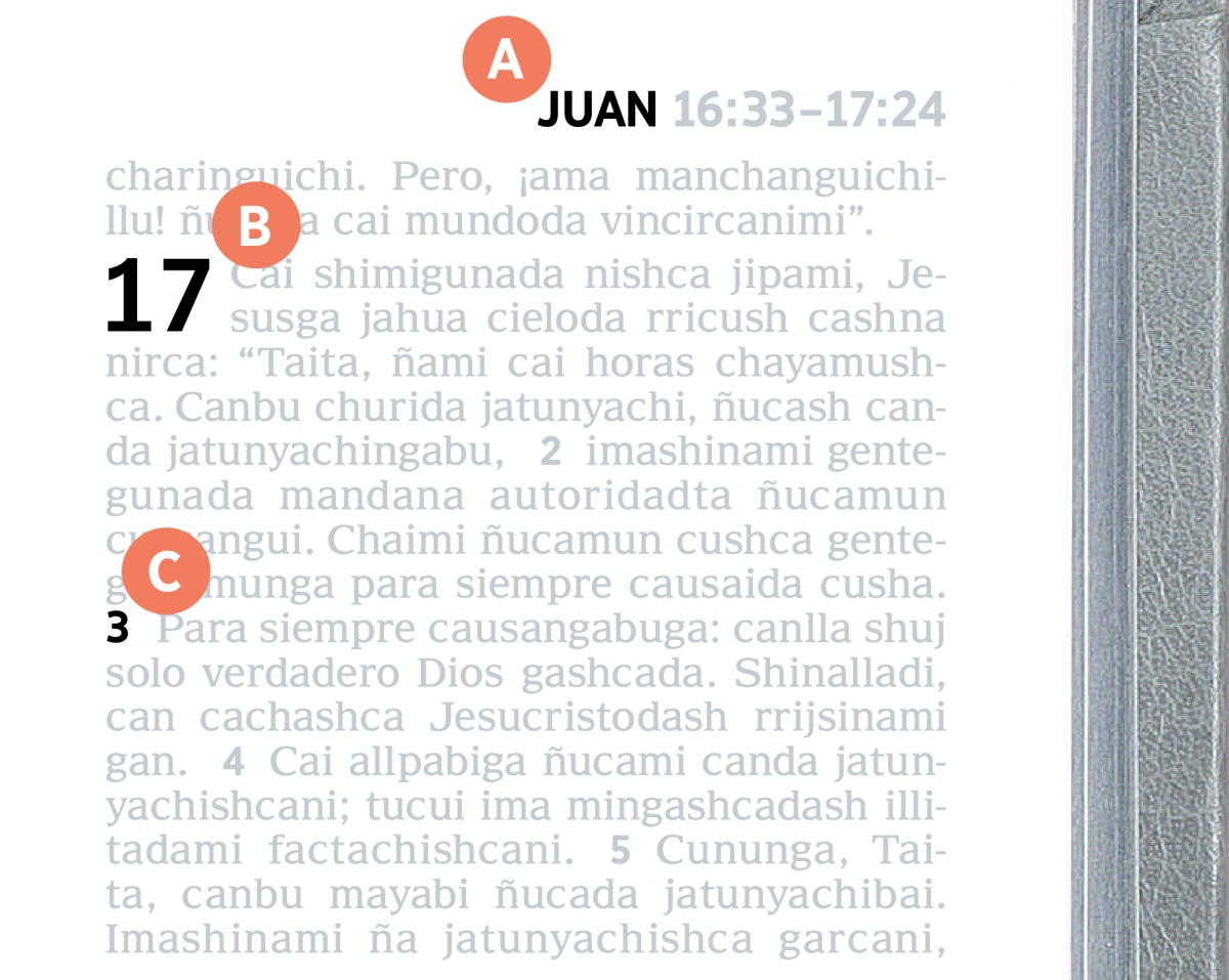Bibliagu shuj paginamunda A, B y C nishcabi señalguna.