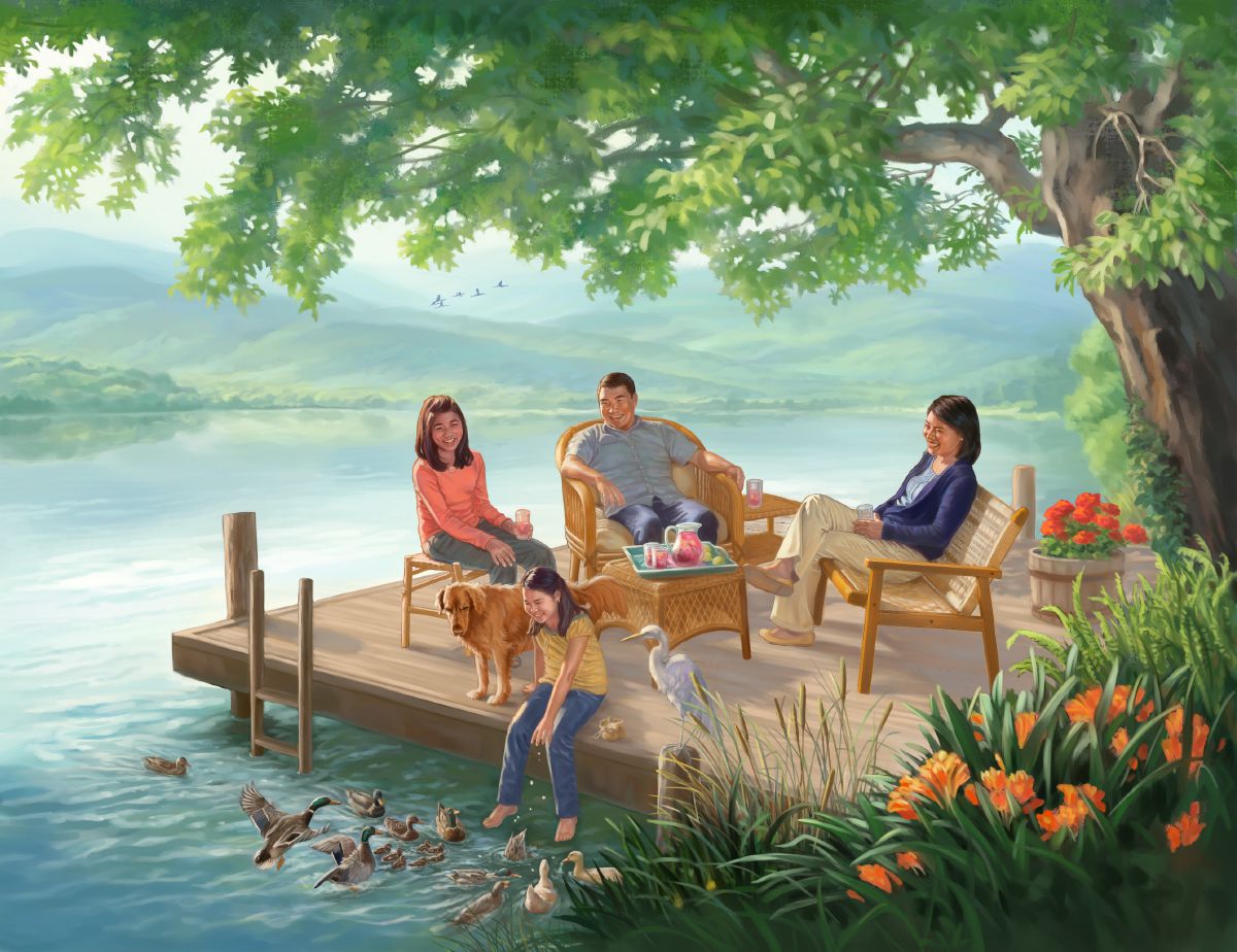 En el Paraíso, una familia disfrutando tranquilamente en un pequeño muelle de madera a la orilla de un lago.
