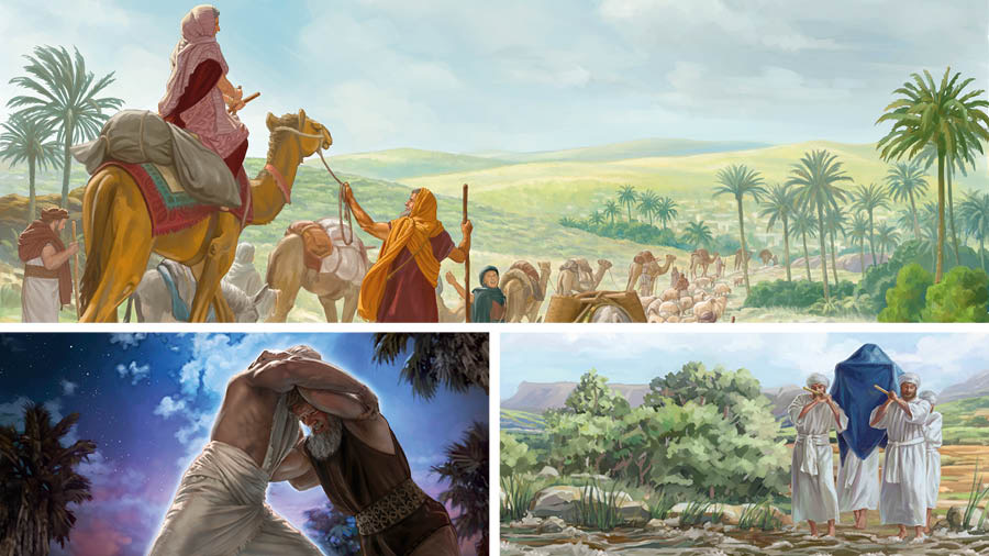 Fotocuna: 1. Saraca shuj camellopi montashpami paipaj huasi ucupura familiahuan ricun. 2. Jacobca shuj angelhuanmi macanacucun. 3. Sacerdotecunaca Diospaj arcataca río Jordanta chꞌimbashpami apacuncuna.