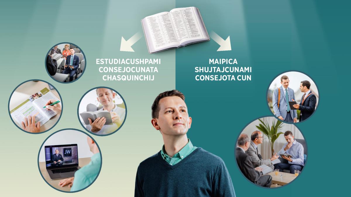 Fotocuna: Shuj huauquica ima laya consejocunata chasquishcatami yuyacun. Paipaj jahuapica shuj Bibliami pashcashca tiyacun. Chaipica ima laya consejocunata chasquinata ricuchingapajmi cada ladoman señalacun. 1. Huauquica tandanacuipi uyashpa, Bibliata estudiashpa, Broadcasting programata ricushpa, shuj publicacionta estudiashpami consejocunata chasquicun. 2. Cai huauquica shuj huauqui paipaj tabletpi ricuchishpa consejota cujpimi uyacun. Qꞌuipaca ishqui huauquicunami paitaca visitacun.