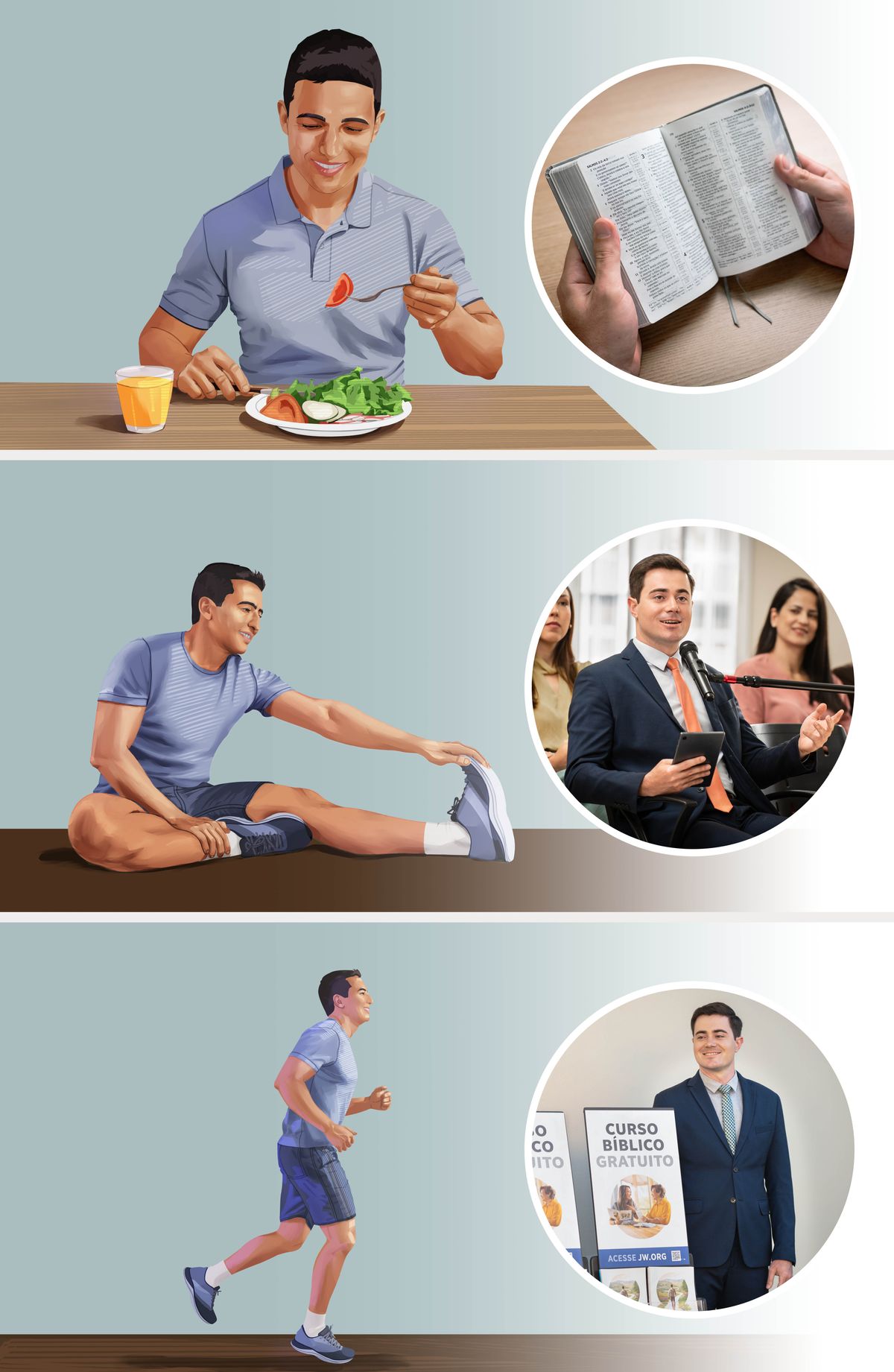 Fotocuna: 1. Callpaj runaca sano micunatami micucun; shuj huauquica Bibliatami rezacun. 2. Callpaj runaca ejerciciotami ruracun; shuj huauquica tandanacuipimi comentacun. 3. Callpaj runami callpacun; shuj huauquica carritocunahuanmi huillacun.